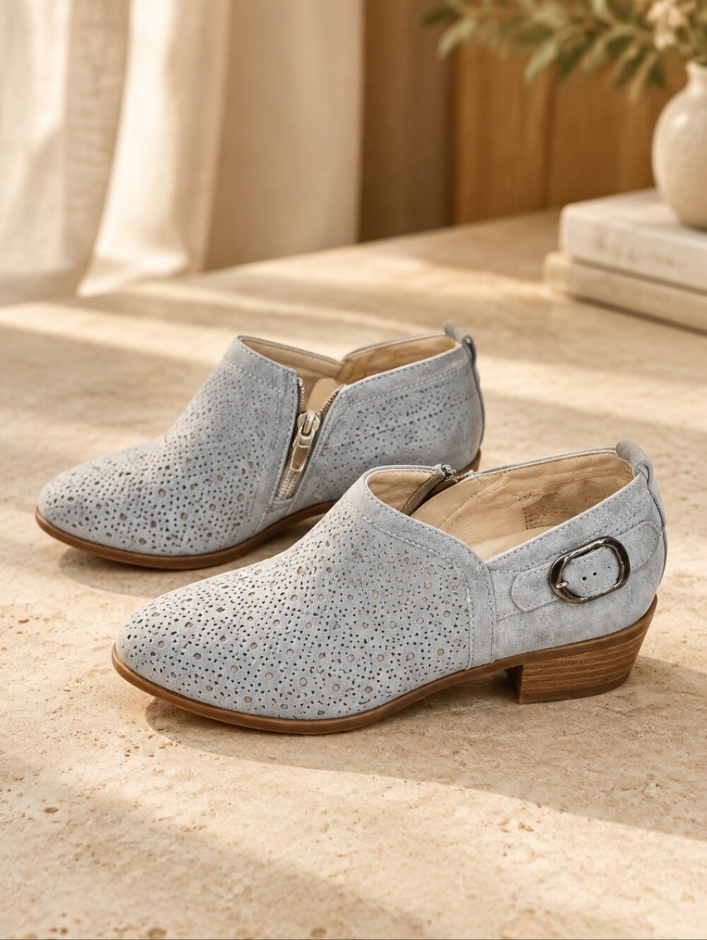 Women's Light Gray Suede Ankle Booties with Low Heel Women's Size 7